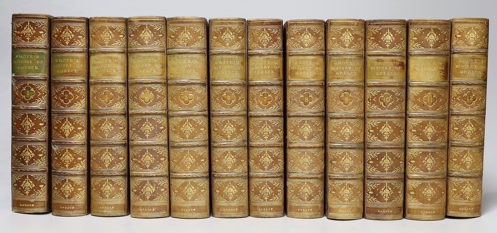 Grote, George - The History of Greece, 12 vols, 8vo, red calf gilt, spine sunned, The Law Society prize, John Murray, London, 1869